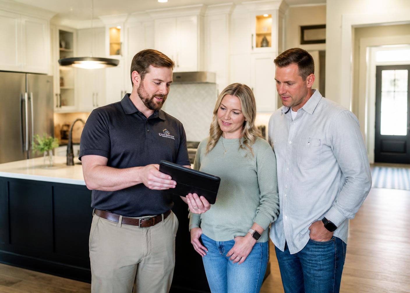 Remodeling contractor presenting an estimate to homeowners on a tablet