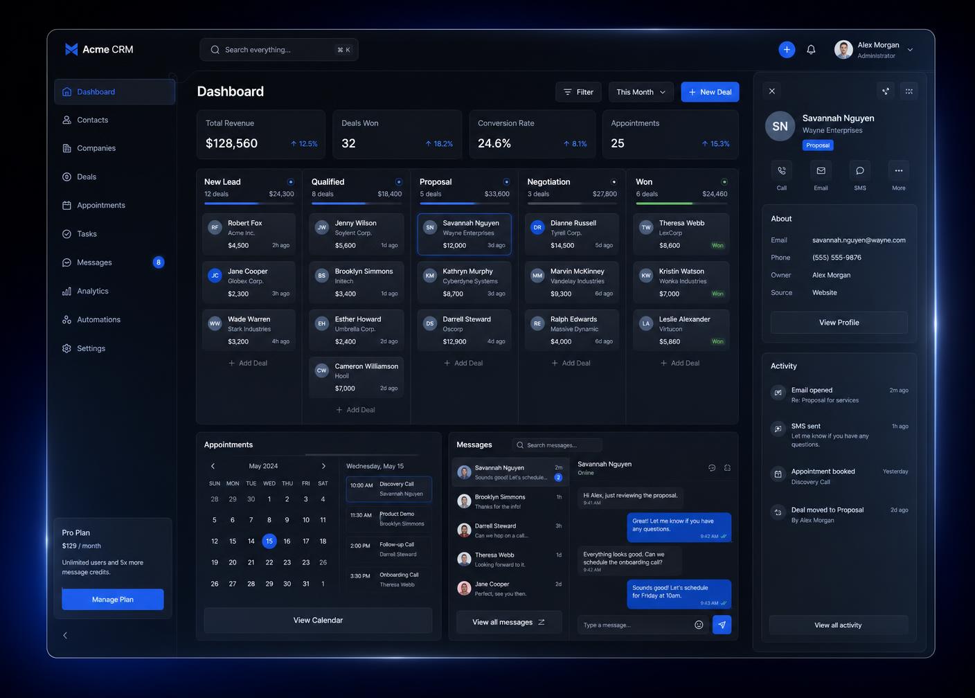 AI CRM dashboard showing remodeling pipeline, appointments and SMS conversations