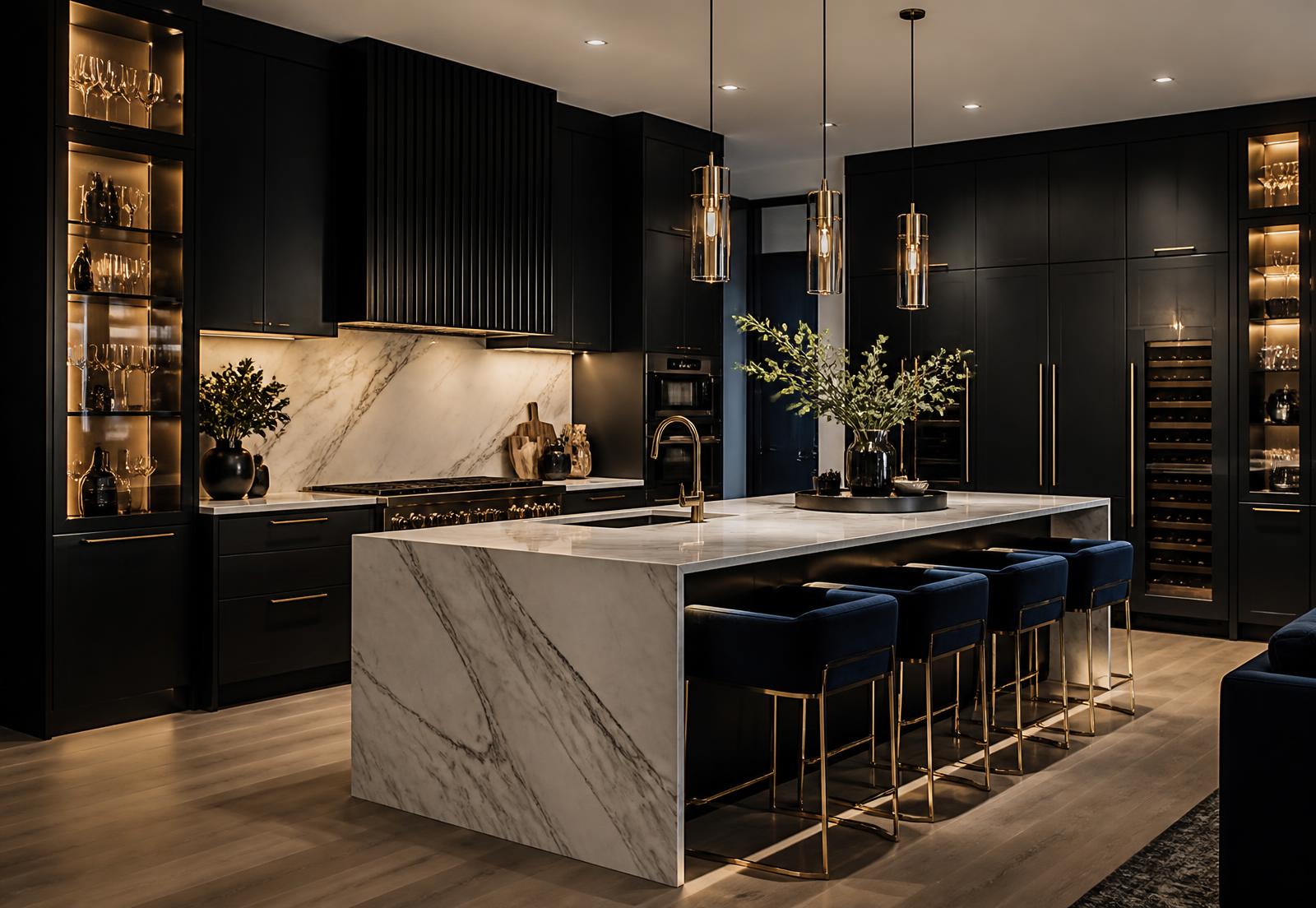 Luxury kitchen remodel with charcoal cabinetry and marble island