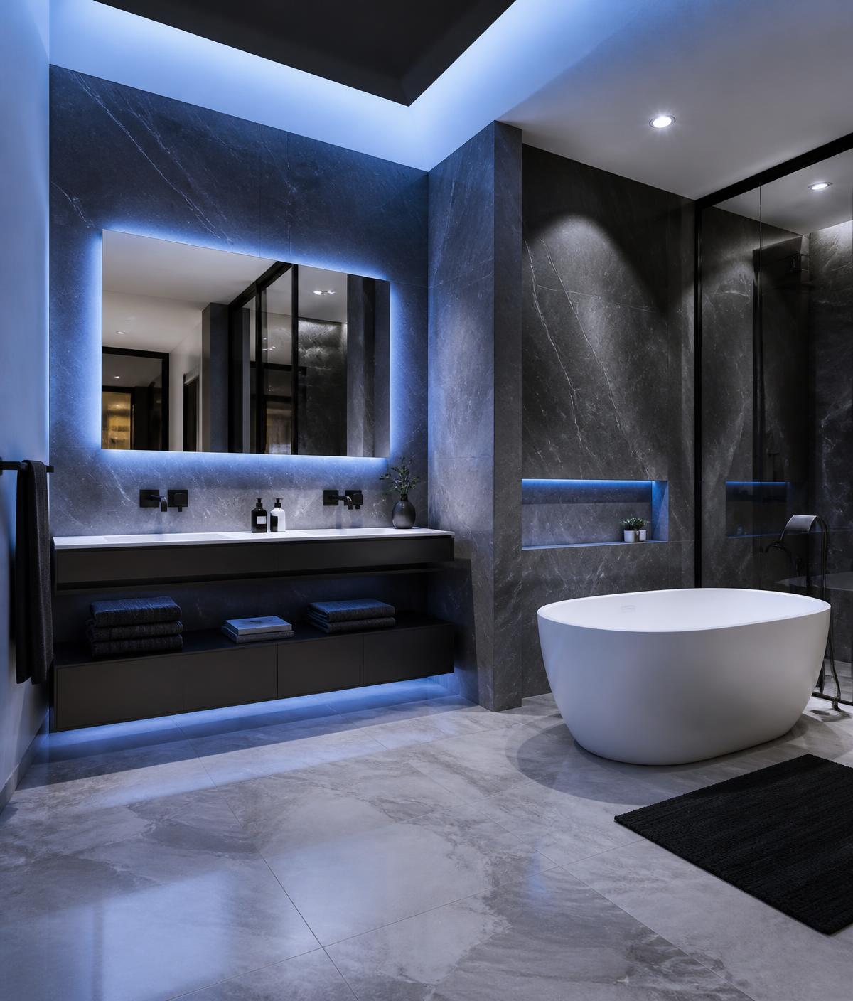 Luxury bathroom remodel with backlit mirror and stone tile
